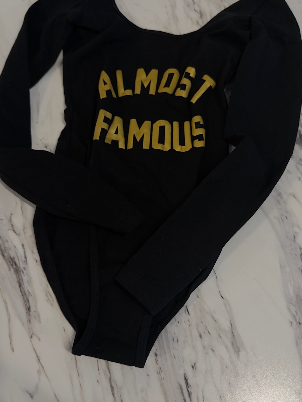 Almost Famous Black Long Sleeve Bodysuit with Yellow Logo new notag